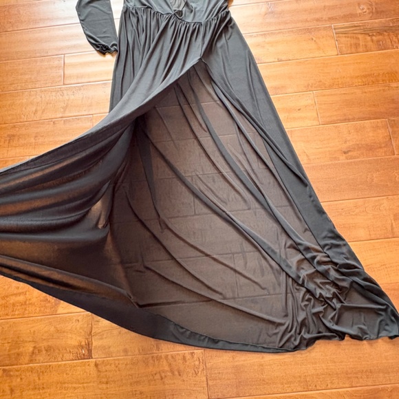 Y2K Sheer Mesh High-Slit Maxi Black Dress M 3/4 Sleeve - Picture 1 of 10